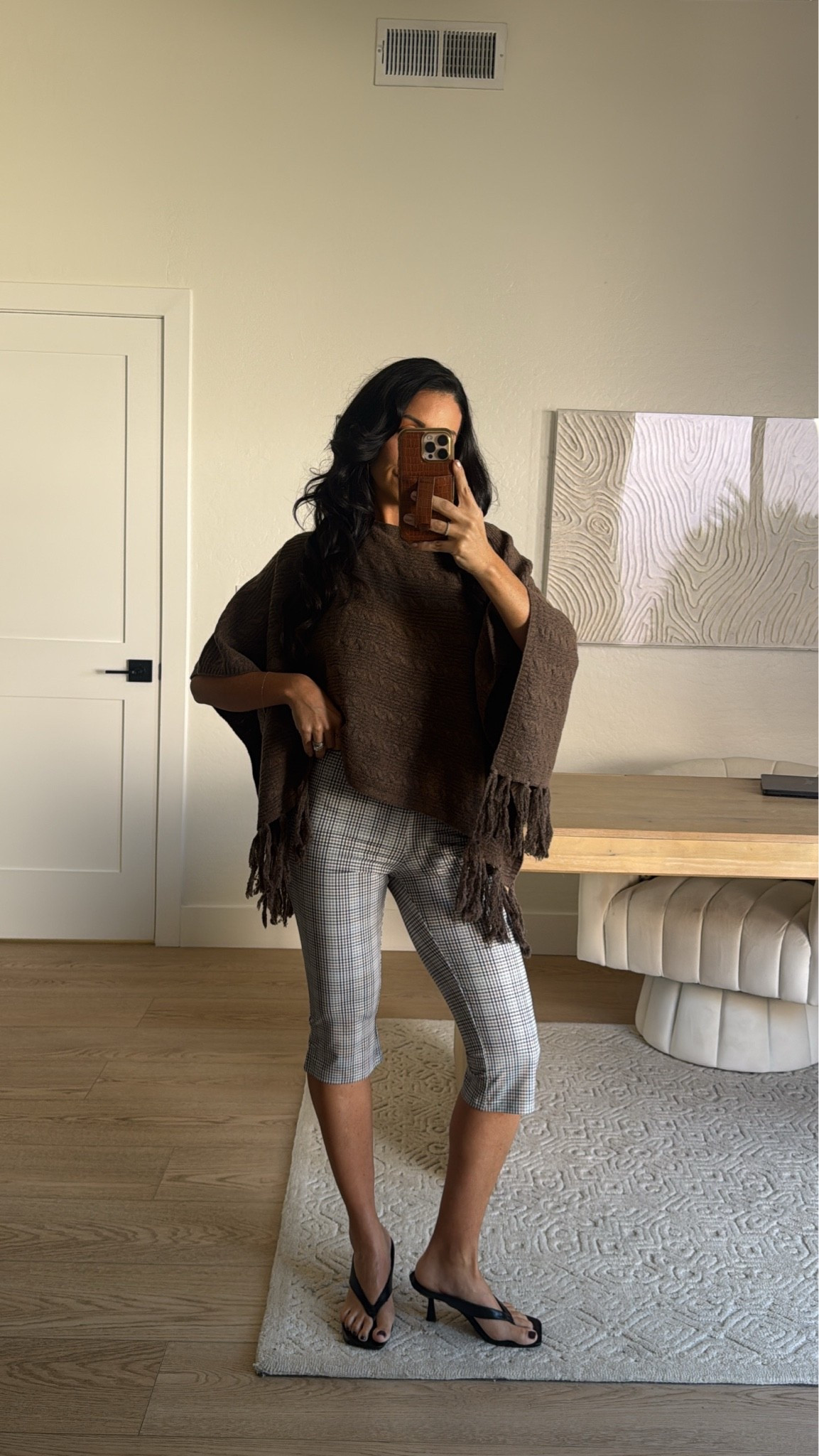 Walmart sweater cape top size XS 
@macys plaid capri leggings 
Amazon heels

#LTKootd #LTKgrwm #LTKSeasonal