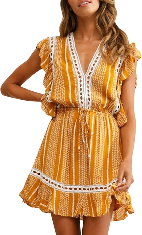 BerryGo Women's Boho Floral Ruffle Mini Dress Sleeveless V Neck A-line Dress | Amazon (US)