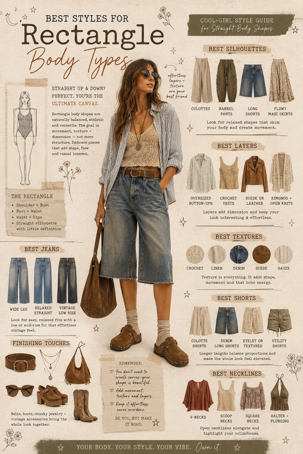 Rectangle body type? This shape was made for effortless cool-girl dressing.
Think relaxed silhouettes, vintage-inspired layers, textured fabrics, culotte shorts, oversized button-downs, and that perfectly undone boho energy.
If your shoulders, waist, and hips are fairly balanced, your shape is the perfect canvas for creating movement and dimension through styling — no “creating curves” required.
Save this rectangle body type outfit guide for styling inspiration if you love:
✨ boho outfits
✨ vintage-inspired fashion
✨ Free People style
✨ relaxed summer outfit ideas
✨ culotte shorts + longer shorts
✨ effortless cool-girl style
Your body doesn’t need fixing — it needs pieces that work with your natural proportions.

#LTKTall #LTKOver40 #LTKootd