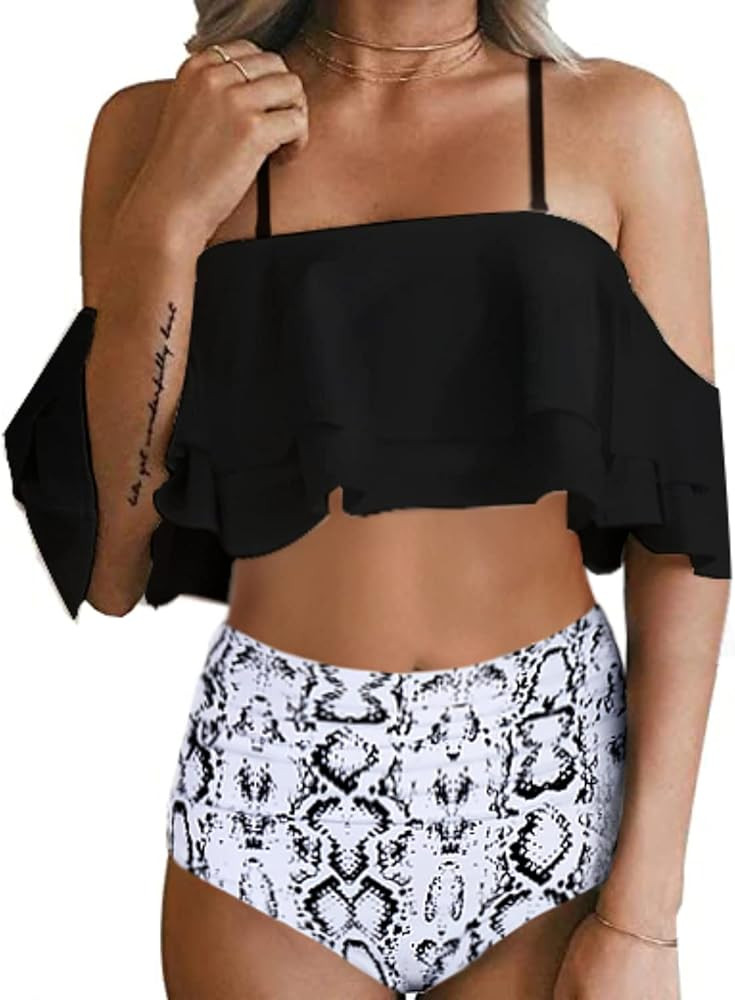 Tempt Me Women Two Piece Swimsuit High Waisted Bikini Off Shoulder Ruffle Bathing Suits | Amazon (US)