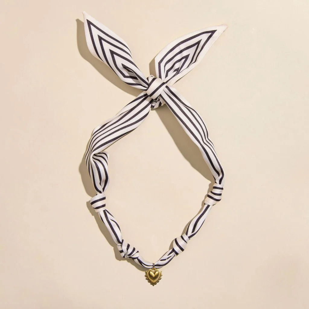Black & White Stripe Satin Scarf Necklace in Gold | Nickel and Suede