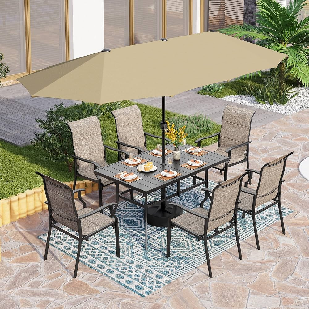 PHI VILLA 8 Piece Patio Dining Set with 13ft Patio Umbrella (Beige), 6 Padded High Back Chairs & ... | Amazon (US)