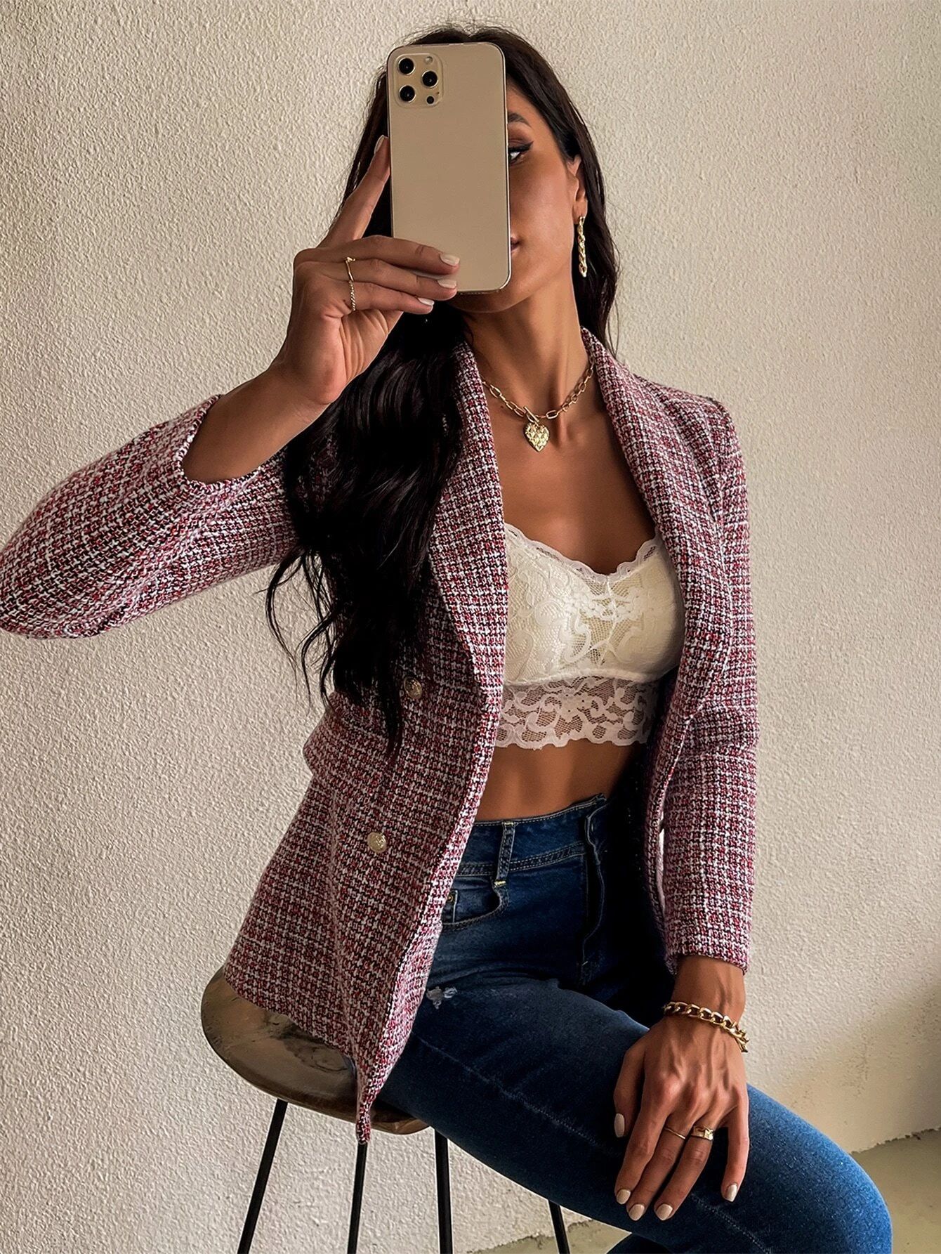 Tweed Plaid Double Breasted Blazer | SHEIN