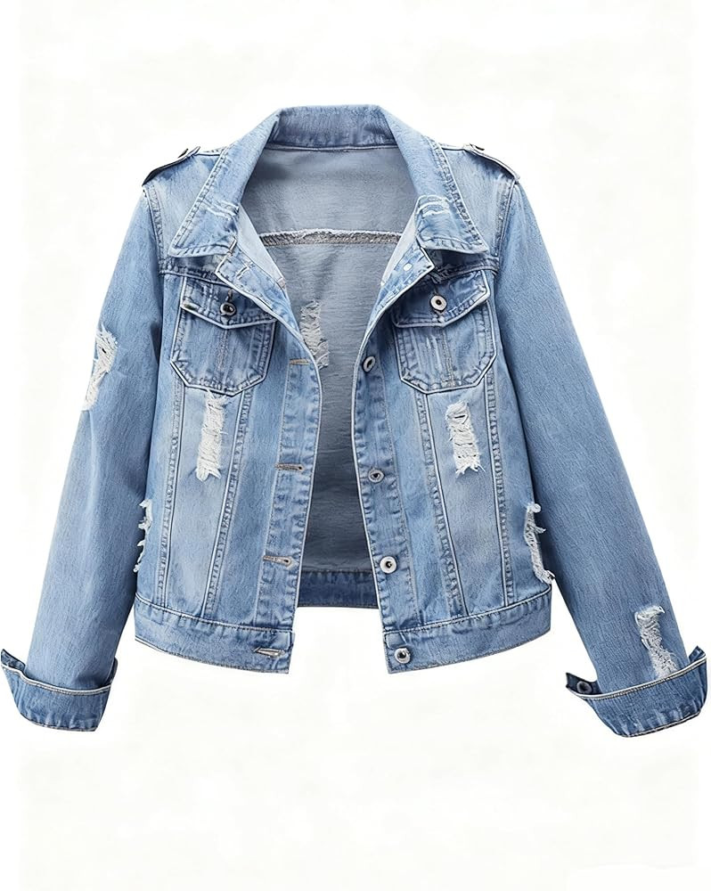 Kedera Women's Denim Jacket Distressed Casual Long Sleeve Ripped Boyfriend Jean Jacket Washed Blu... | Amazon (US)