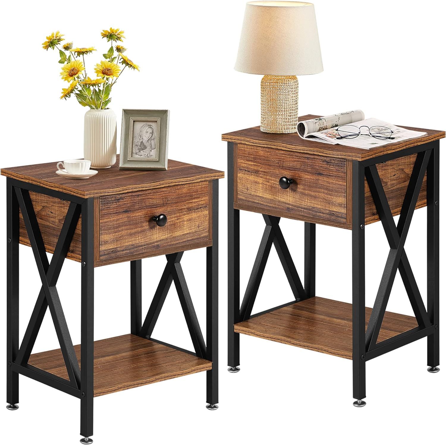 VECELO Nightstands Set of 2, Modern Bedside End Tables, Night Stands with Drawer and Storage Shel... | Amazon (US)