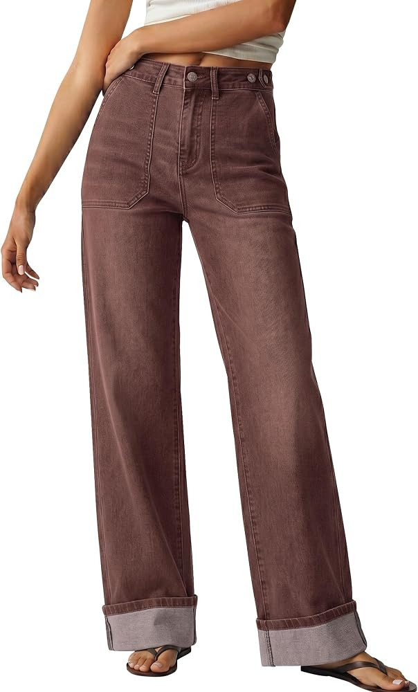 luvamia Wide Leg Jeans for Women Cuffed Hem Adjustable Waist Denim Pants | Amazon (US)