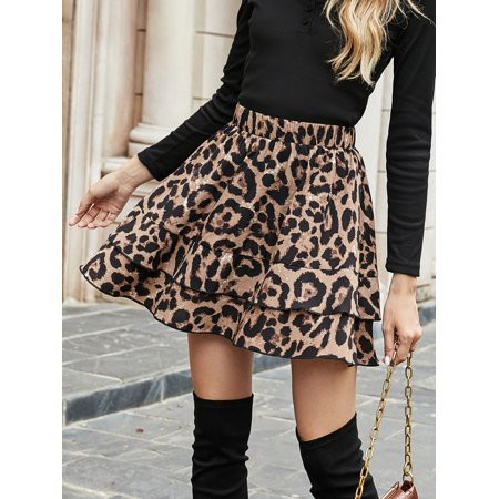 BenBoy Women s Cheetah Print Tiered Layer Skirt Casual High Waist Short Dress | Walmart (US)