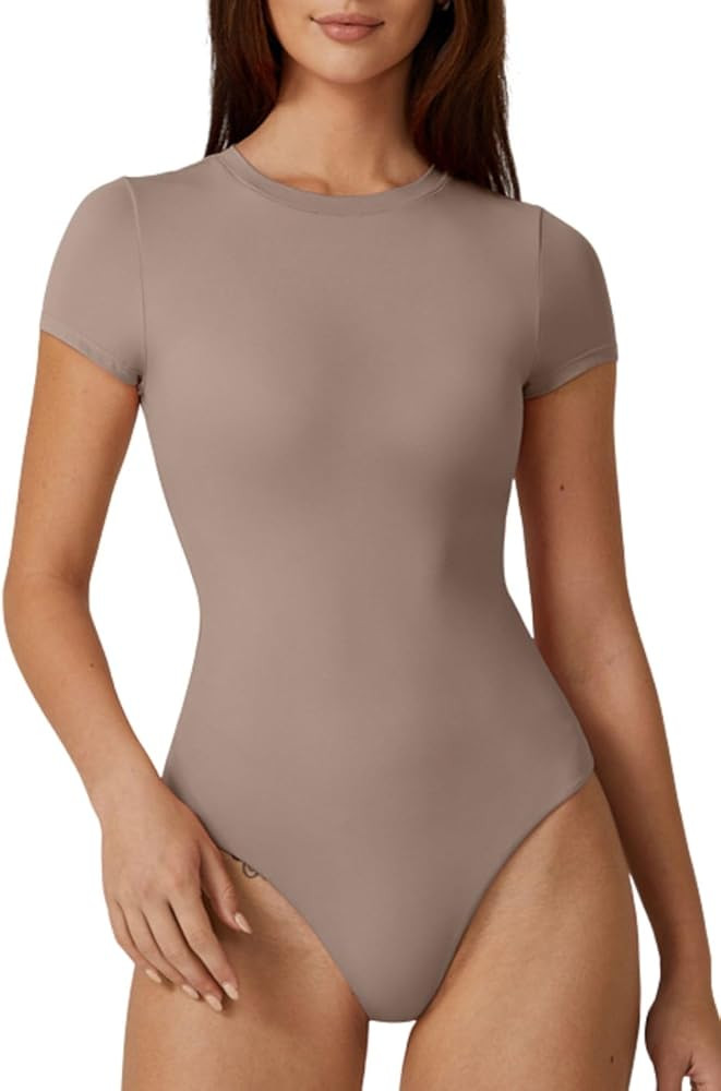 QINSEN Womens Crew Neck Short Sleeve Bodysuit Soft Body Suit Tops Double Lined Shirts | Amazon (US)