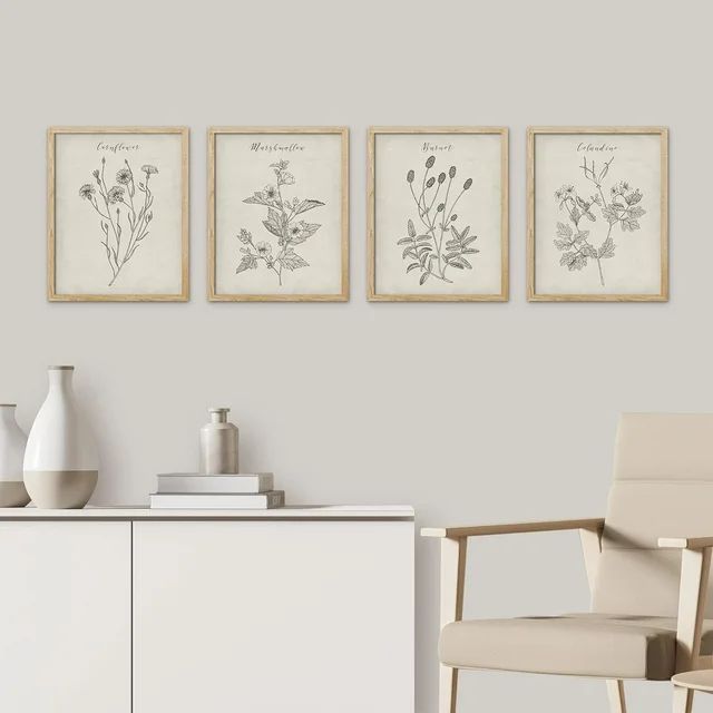 PixonSign Framed Wall Art, Vintage Wildflower Prints, Set of 4 Plant Floral Collage Drawing Wall ... | Walmart (US)