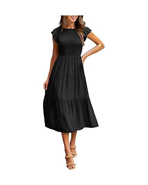 MEROKEETY Women's Flutter Short Sleeve Smocked Midi Dress Summer Casual Tiered A-Line Dress | Amazon (US)