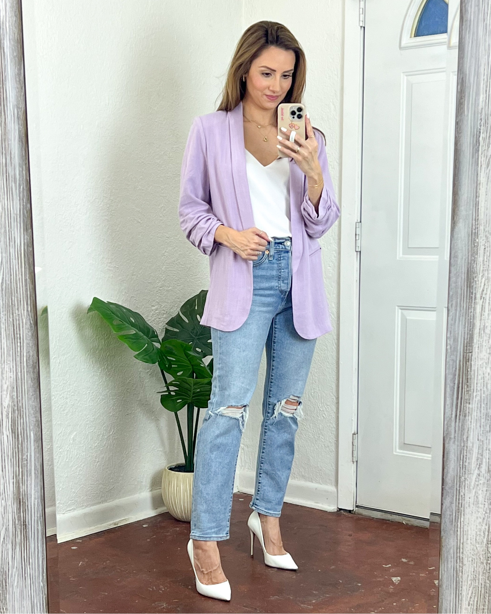 Lilac blazer for the win! I’ve been looking for one for a while and cannot wait to wear this one! It’s a soft, more flowy material. Sleeve are ruched (love that look). Wearing a size small. Pair with slacks for the office! Cami is a long time fav, wearing an XS. Jeans are Levi’s and straight leg and so comfy. Wearing. 25.  Shoes are tts. 