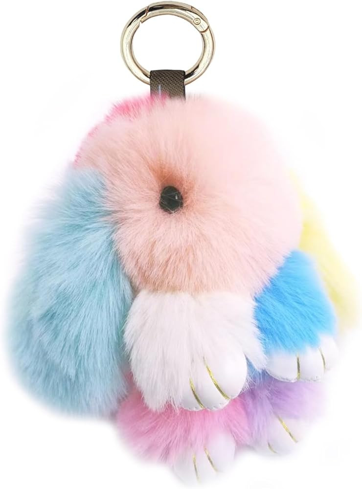 jtkdxqs Soft Cute Bunny Keychain Artificial Rainbow Rabbit Fur Plush Fluffy Pom pom Key Ring for ... | Amazon (US)