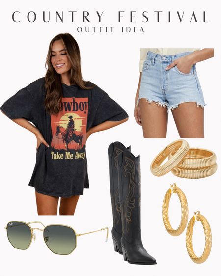 Country concert outfit idea 

Festival outfit Nashville bachelorette party outfit t shirt dress Levi denim shorts light blue denim shorts distressed denim gold bangles gold hoops ray ban sunglasses women’s sunglasses women’s outfits girls outfits outfits for women black cowboy boots narrow calf cowboy boots 

#LTKSeasonal #LTKstyletip #LTKsalealert