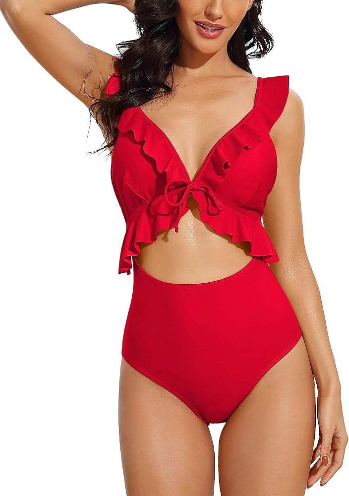 SOCIALA Womens Ruffle Cut Out One Piece Swimsuits Strappy Monokinis Swimwear Bathing Suits | Amazon (US)