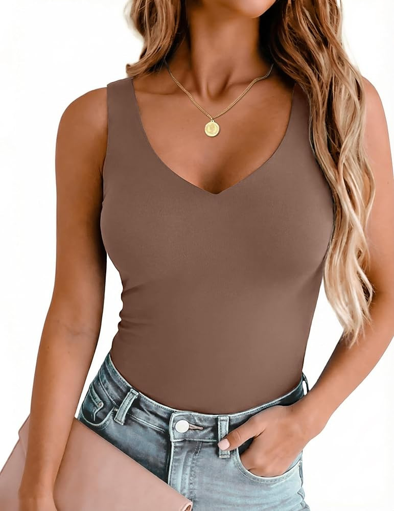Zeagoo Women's Double Lined V Neck Tank Tops Summer Slim Fit Basic Sleeveless Shirts Cute Trendy ... | Amazon (US)