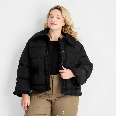 Women's Shearling Trim Button-Front Puffer Jacket - Future Collective Black | Target