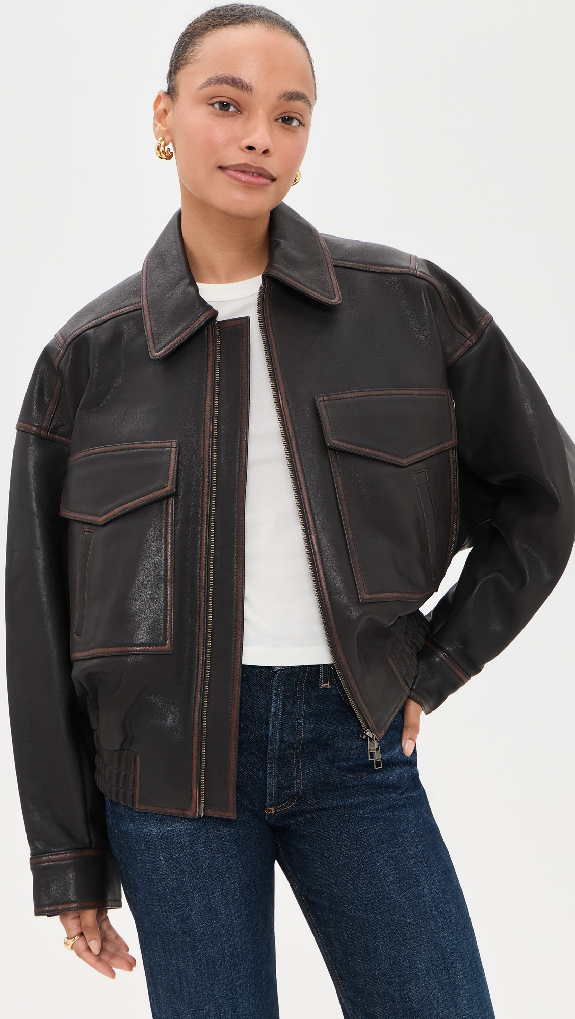 STAUD Eugene Leather Jacket Distressed Brown XL | Shopbop