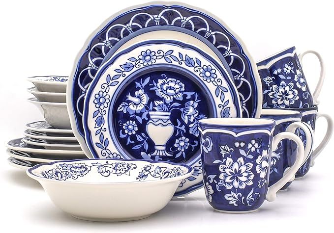 Euro Ceramica Blue Garden 16 Piece Oven Safe Hand Painted Stoneware Dinnerware Set, Service for 4... | Amazon (US)
