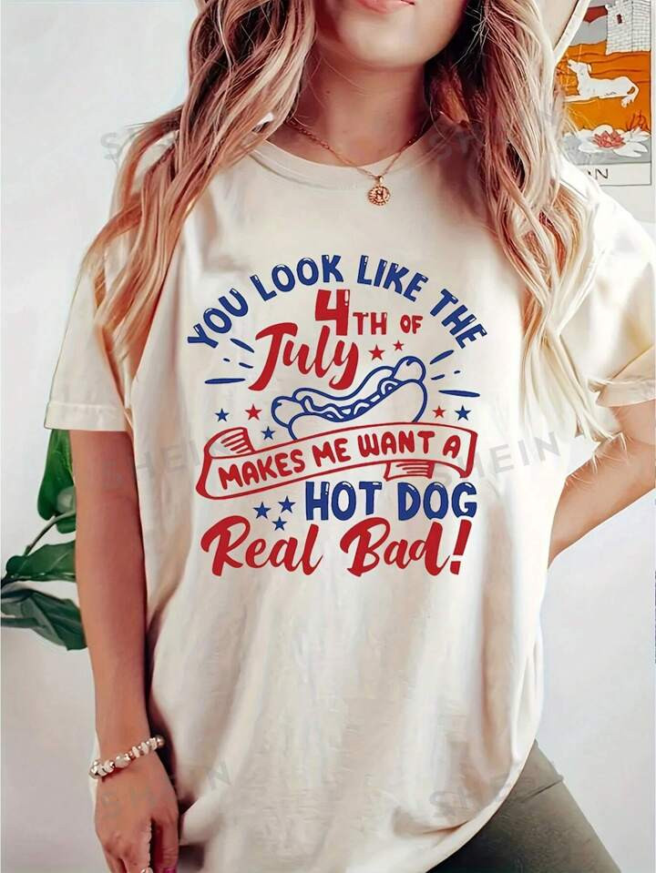 SHEIN LUNE Casual 'Fun' Printed Round Neck Short Sleeve Women's T-Shirt | SHEIN