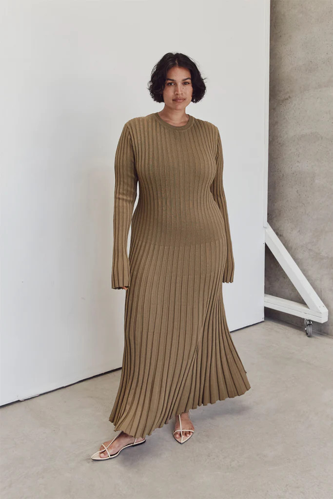 ADA KHAKI LONG SLEEVE MIDI DRESS | DISSH