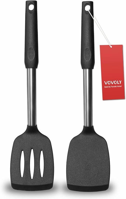 2 Pack Spatulas, Solid & Slotted Silicone Spatula Set, Stainless Steel Handle Coated with Silicon... | Amazon (US)