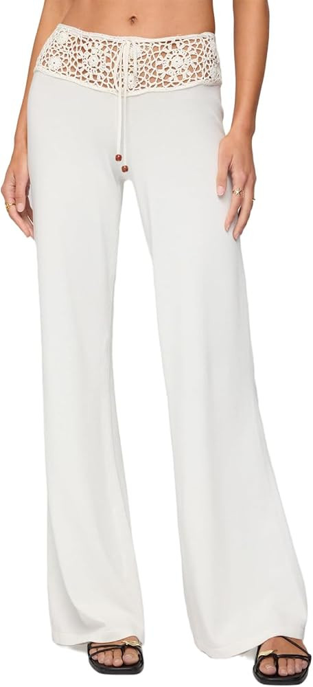 Muineobuka Women's Y2K Crochet Knit Low Waist Drawstring Wide Leg Pants Sexy Hollow Out Flowy Bea... | Amazon (US)
