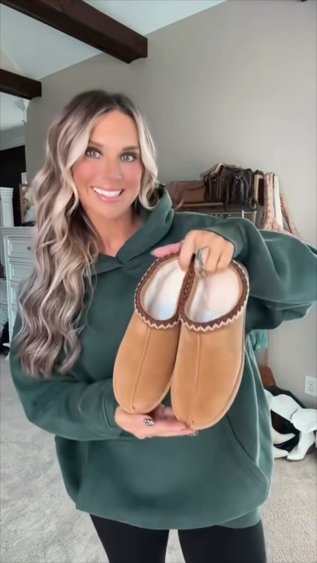 The coziest, softest and affordable look for less oversized green hoodie paired with my favorite and softest flared leggings and trendy look for less slippers!! 
I’m 5’6 139lbs size small leggings, medium hoodie (could have definitely done a small, but love the oversized fit)  

 #LTKootd #LTKmomlife #LTKShoeCrush