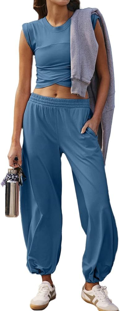 Glamaker Women's Two Piece Athletic Sets Casual Workout Sleeveless Cropped Tops High Sweatpants J... | Amazon (US)