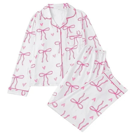 RMGVDSD Womens Bow Pajamas Cute Print Pajama Long Sleeve Button Down Sleepwear Soft Comfortable Nightwear For Ladies Homewear Relaxed Fit Soft Pyjamas | Walmart (US)