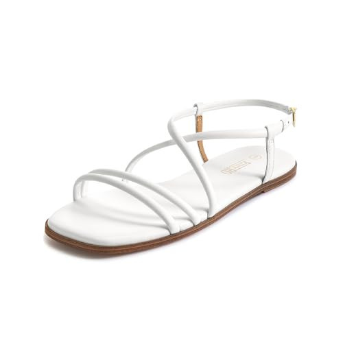 Rihero White Flat Sandals for Women Open Toe Strappy Sandals Beach Cute Leather Buckle Slip On Slide Sandals Size 7.5 | Amazon (US)