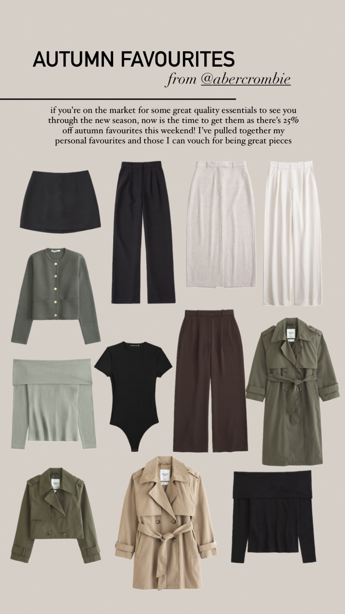 now is the time to stock up on any essentials you’re missing from your wardrobe for the new season - Abercrombie & Fitch have 25% off (and 15% off most other things) this weekend only! 

I’m a Uk 14 and usually wear an L or 32. Abercrombie are great for shorter leg length etc too! 

#LTKuk #LTKautumn #LTKmidsize