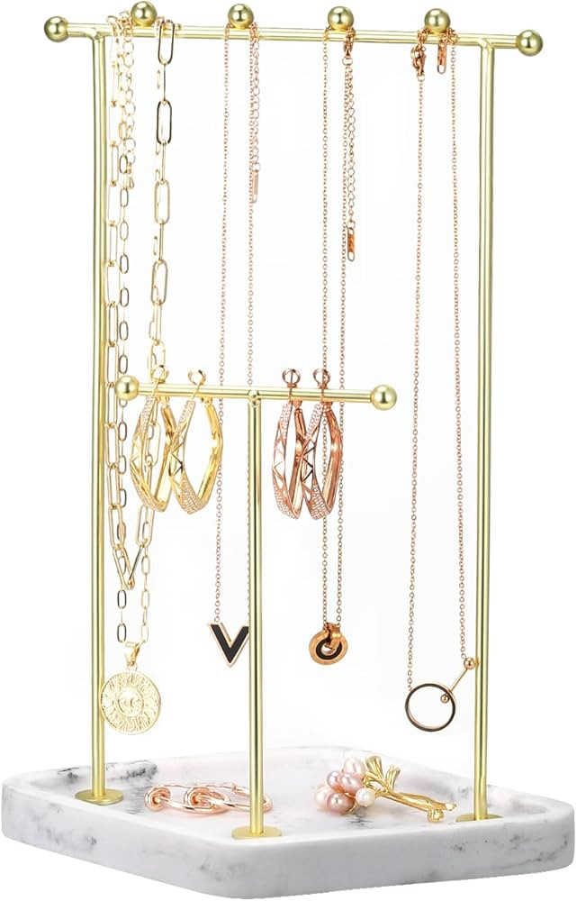 Emibele Jewelry Organizer Stand Necklace Holder, 2 Tier Jewelry Holder with Resin Ring Tray Gold ... | Amazon (US)