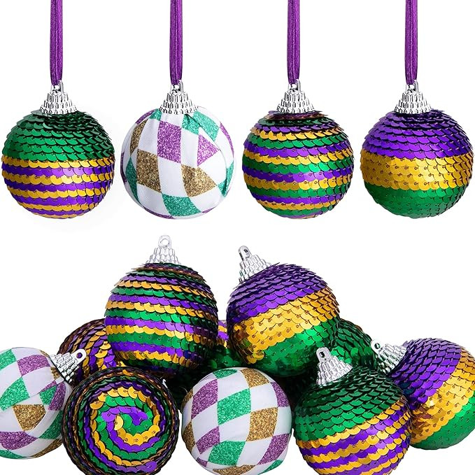 12pcs Mardi Gras Ball Ornaments,1.96" Shatterproof Mardi Gras Sequin Hanging Balls Decoration for... | Amazon (US)