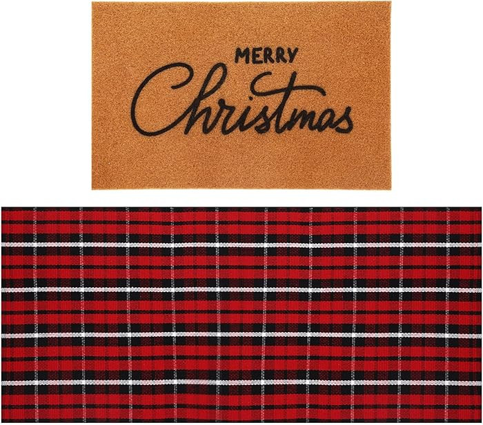 2 Pcs Merry Christmas Doormat 24'' x 51'' Outdoor Plaid Rug and 18'' x 28'' Coir Doormat Welcome ... | Amazon (US)