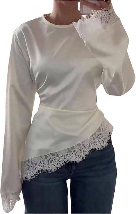 Milumia Women's Satin Asymmetrical Cinched Waist Long Sleeve Lace Blouses | Amazon (US)