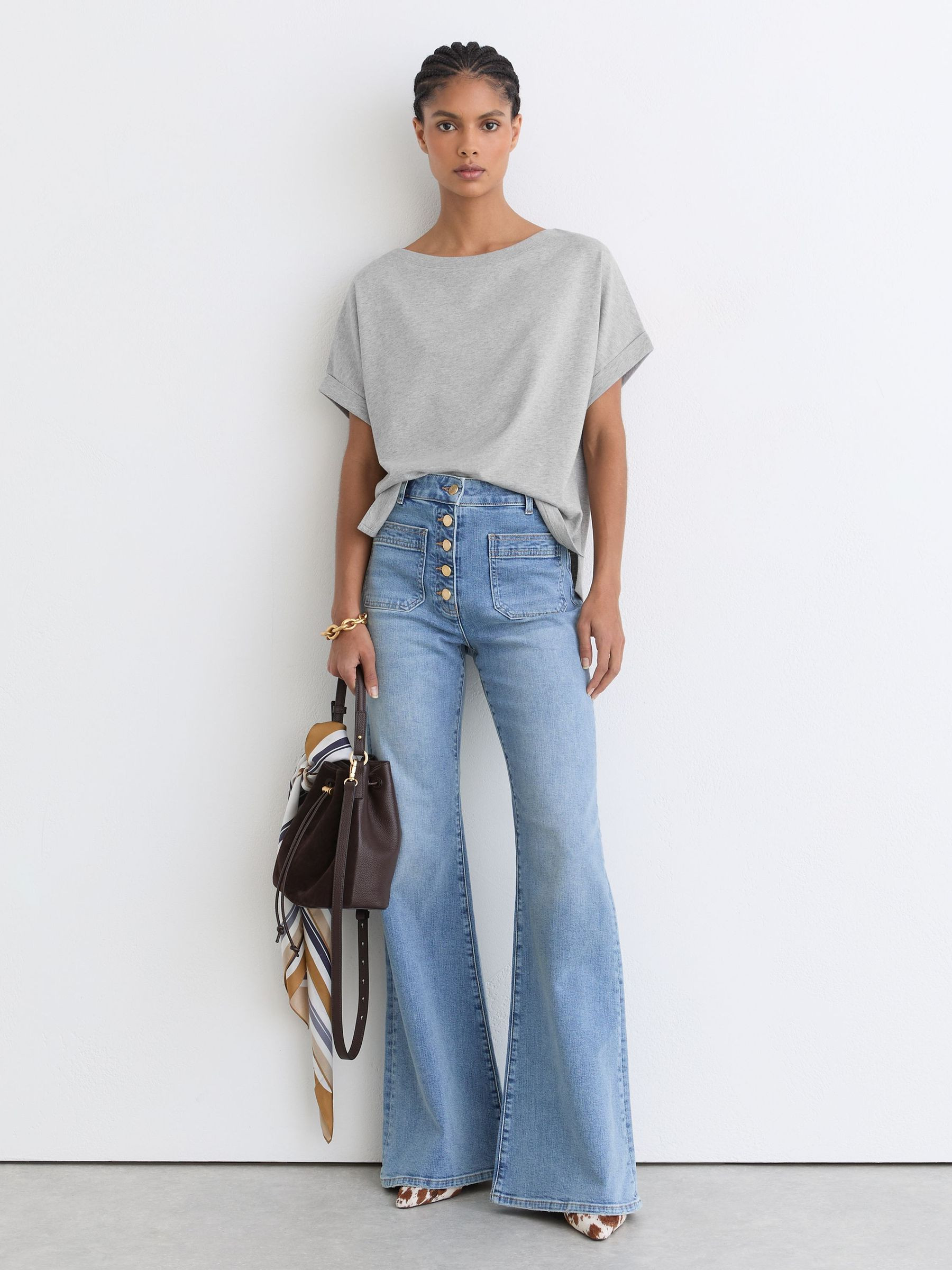 Reiss Cotton Wide-Neck Relaxed-Fit T-Shirt in Grey Marl | REISS | Reiss DE