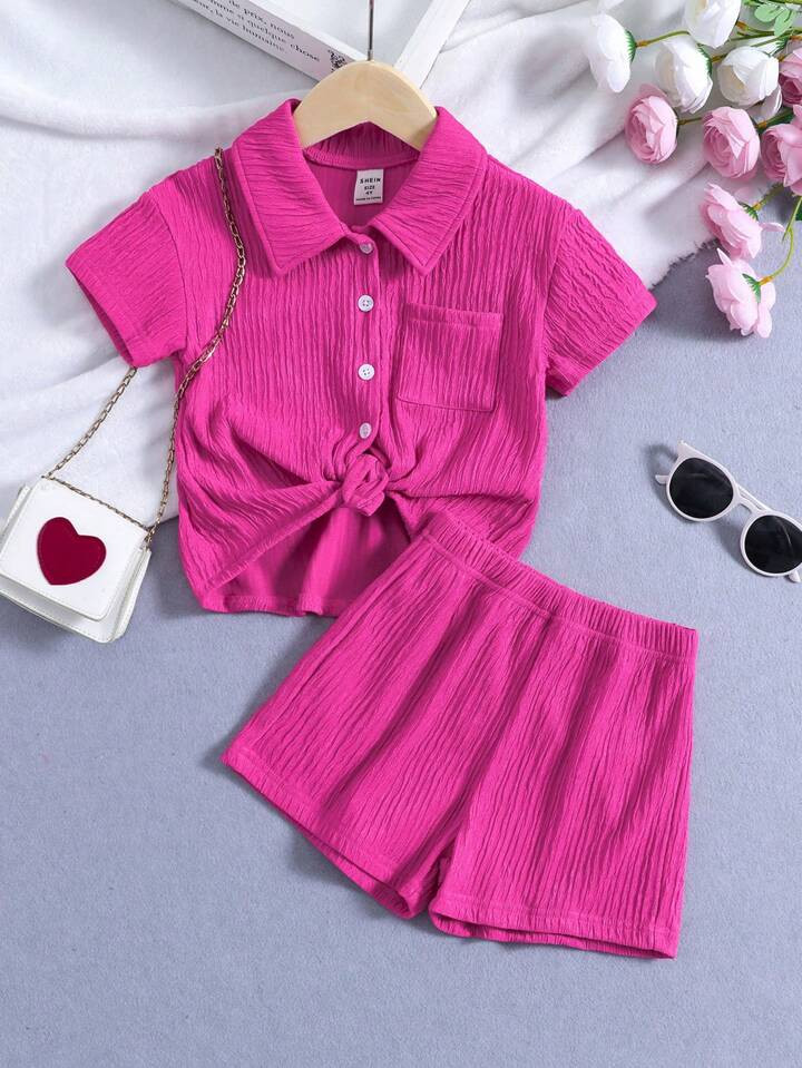 SHEIN Young Girl Rose Red Solid Color City Street Style Lapel Regular Sleeve 2pcs/set Outfit For ... | SHEIN