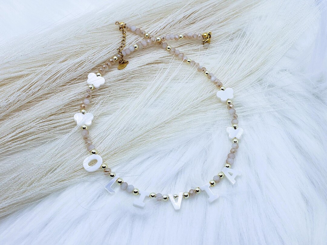 Toddler Custom name necklace, mother of Pearl letter name necklace, kids beaded necklace, gift fo... | Etsy (US)