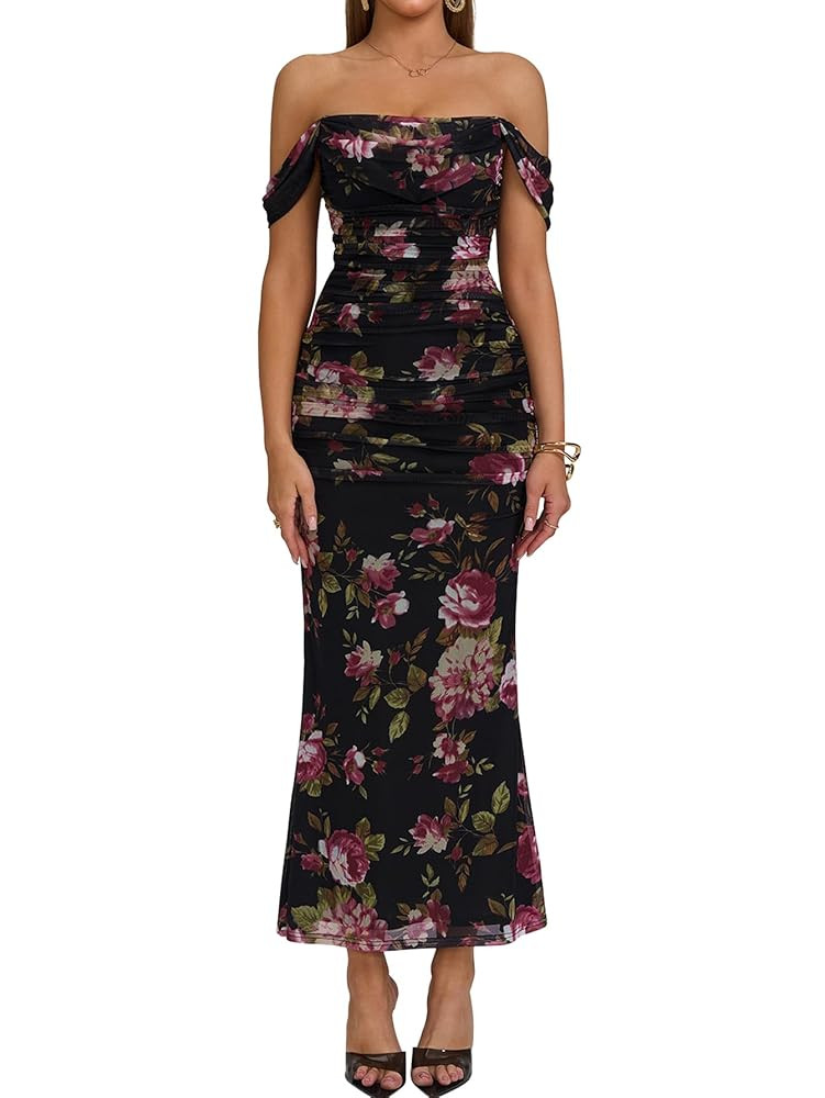 KUTUMAI Off The Shoulder Maxi Long Dress Corset Ruched Bodycon Formal Wedding Guest Dresses for W... | Amazon (US)