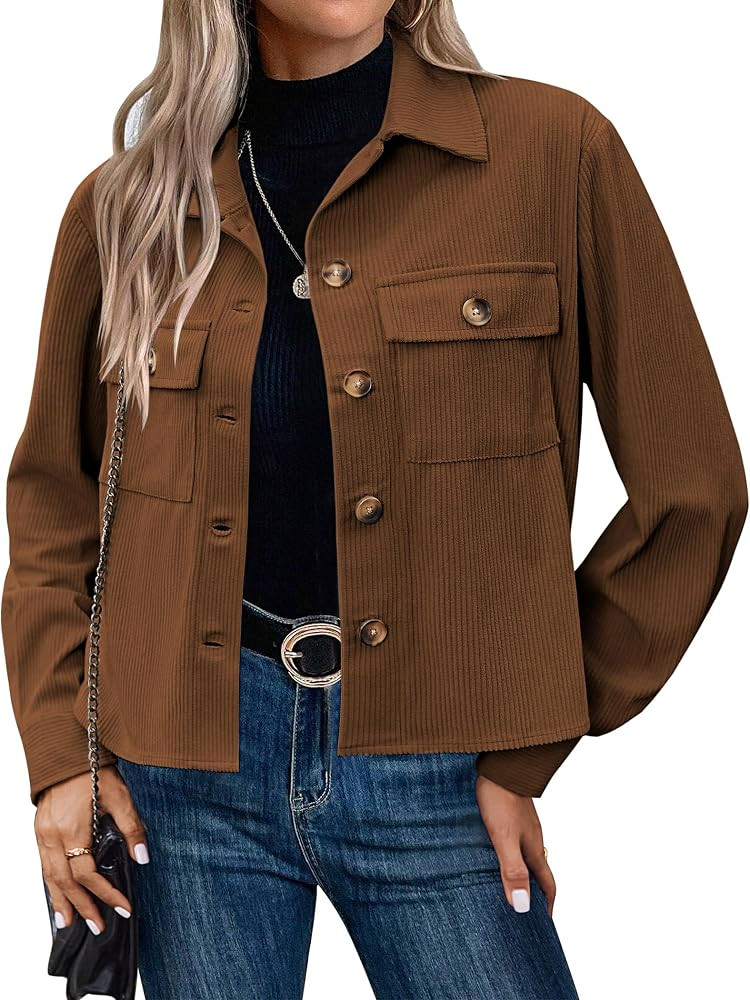 Zeagoo Womens Fashion Cropped Corduroy Shackets Button Down Jackets Tops Fall Trendy Long Sleeve ... | Amazon (CA)