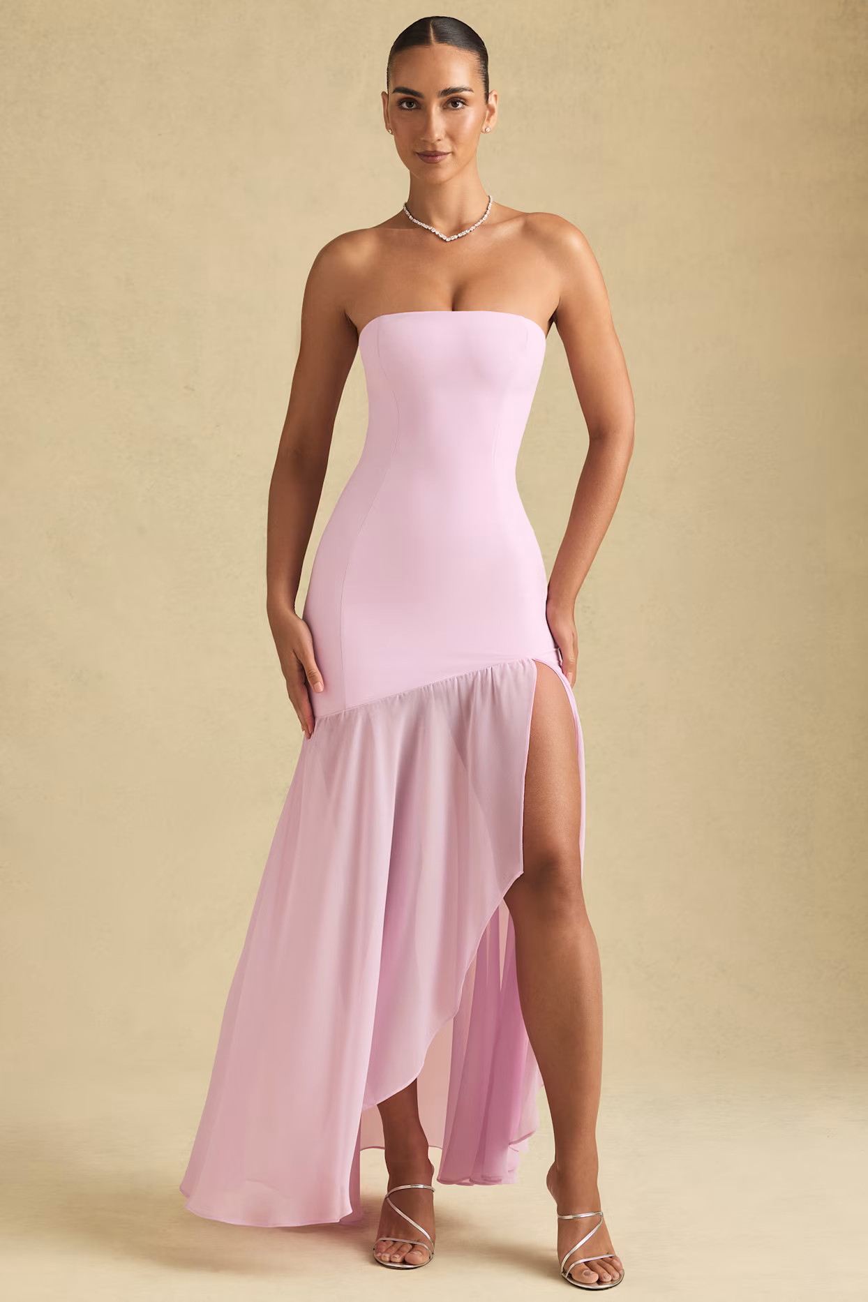 Asymmetric Strapless Fishtail Maxi Dress in Soft Pink | Oh Polly