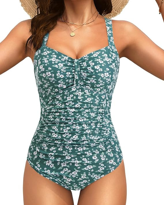 Tempt Me Women Ruched Slimming One Piece Swimsuits Tummy Control Vintage Bathing Suits | Amazon (US)