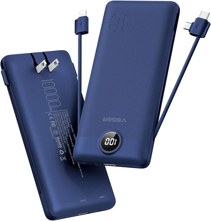 VEGER Portable Charger with Built-in AC Plug and Cables, All in One 10000mAh Ultra Slim Power Ban... | Amazon (US)