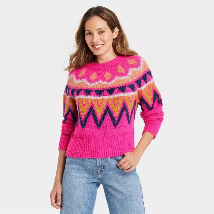 Women&#39;s Crewneck Sweater - A New Day&#8482; Pink Fair Isle M | Target