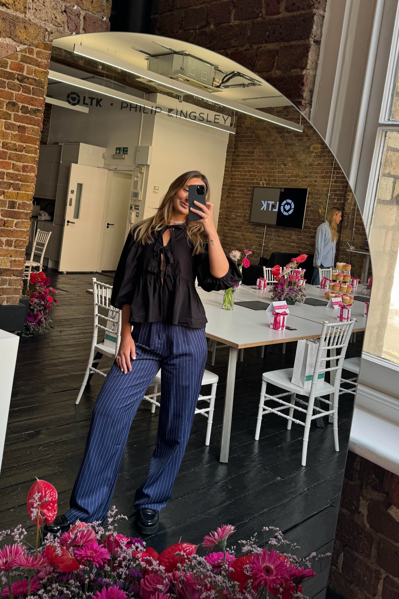 Corporate girlie outfit, Pearl Chocker, Pearl Necklace, Striped Blue Trousers, Tailored Trousers, Front Tie Blouse, Black Loafers, Corporate Outfit, Casual Outfit Summer Corporate Outfits, Business Casual 

#LTKstyletip #LTKuk #LTKsummer