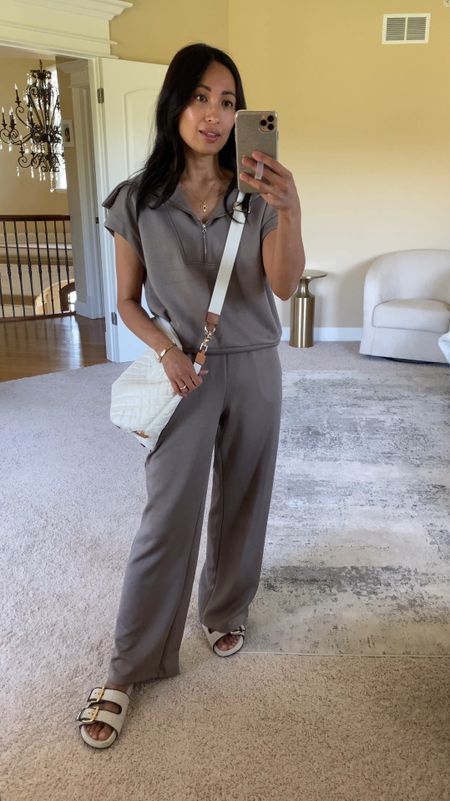 Travel outfit. Spring outfit. 
Set is good for the price. Bottoms run big. I folded over waistband. Wearing a small. Color gray green. 
Code HINTOFGLAM to save on jewelry. 
Crossbody bag. 
Slide sandals  

#LTKFindsUnder50 #LTKTravel #LTKOver40