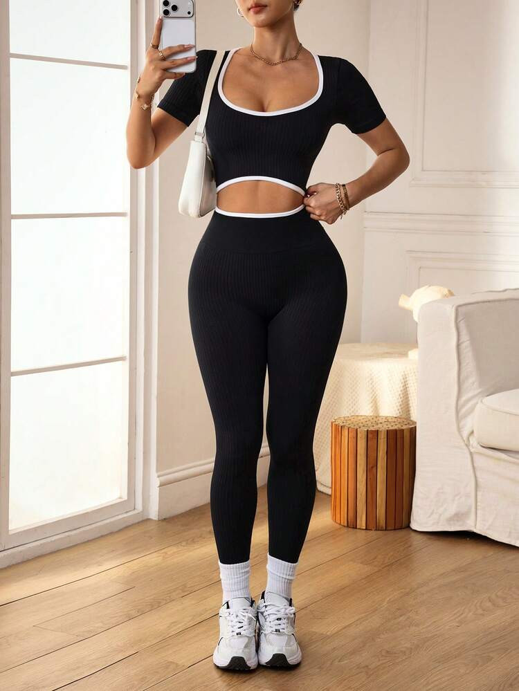 Dewbera 2PCS Seamless Set, Short Sleeve Top And Long Pants (Black And White Contrast, Wide Collar) Fitness Clothes Leggings And Top Set For Women Women Active Wear Sets Women's Workout Sets Workout Clothes For Women Sets Leggings Sets 2 Piece Fitness Outfit Legging Sets 2 Piece Gym Outfit For Women Top Gym Co Ord Gym Bodysuit Sports Outfits For Women | SHEIN