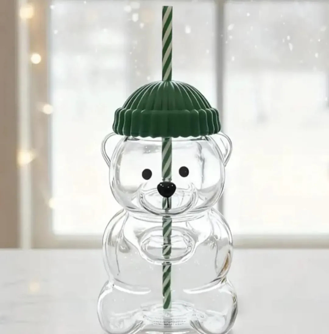 CUSTOMIZED Glass Bear Cup With Straw With Custom Green Glitter Logo - Etsy | Etsy (US)
