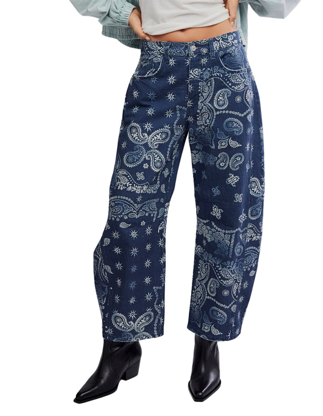 Free People Good Luck Printed Barrel Mid Rise Jeans | David Jones | David Jones (Australia & New Zealand)