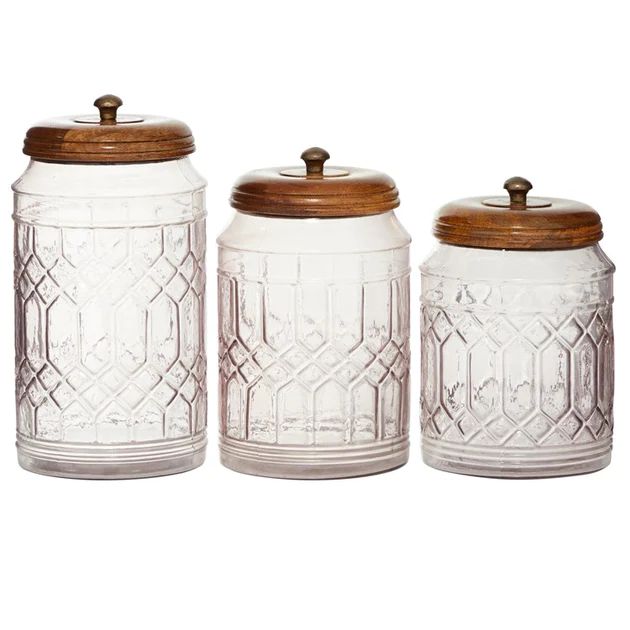 Canister Set of 3 Farmhouse 8H-9H-11H Inch Clear Glass/Wood | Riverbend Home